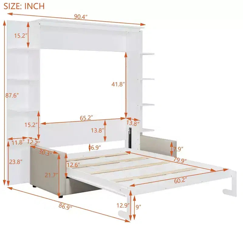 Lit escamotable mural Whisen au format queen, avec cadre en bois, canapé et étagères, au design moderne