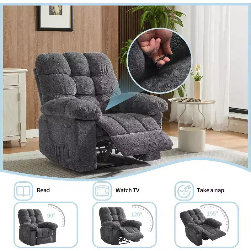 Handmatige relaxfauteuil, ergonomische ademende stoffen fauteuil met zijvakken, eenpersoonsbank, geschikt voor woonkamer en slaapkamer