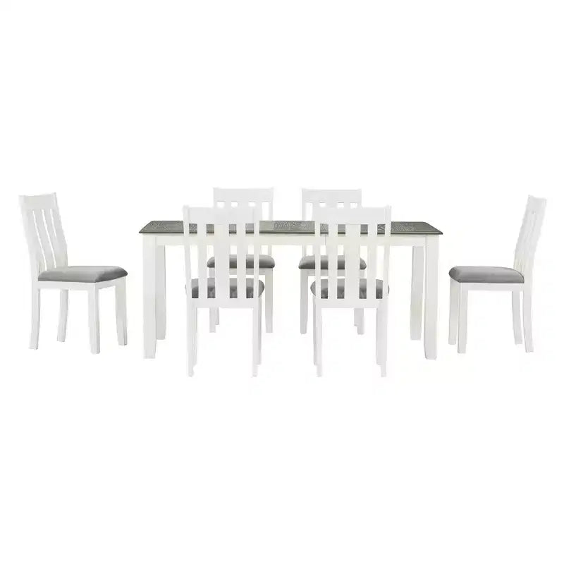Farmhouse Extendable Dining Table Set for 6, Rectangular Table and 6 Upholstered Chairs
