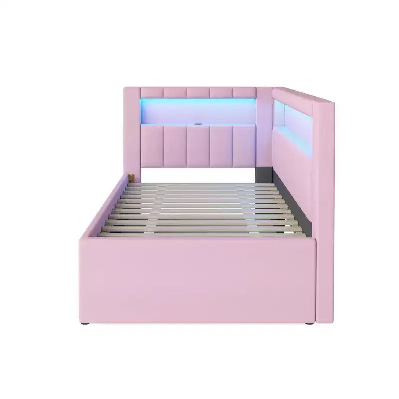 Daybed in Twin-/Full-Größe mit Ausziehbett und L-förmigem Bücherregal-Kopfteil, weiches Eckbett mit Leinenpolsterung, Ablagefächern und LED-Band