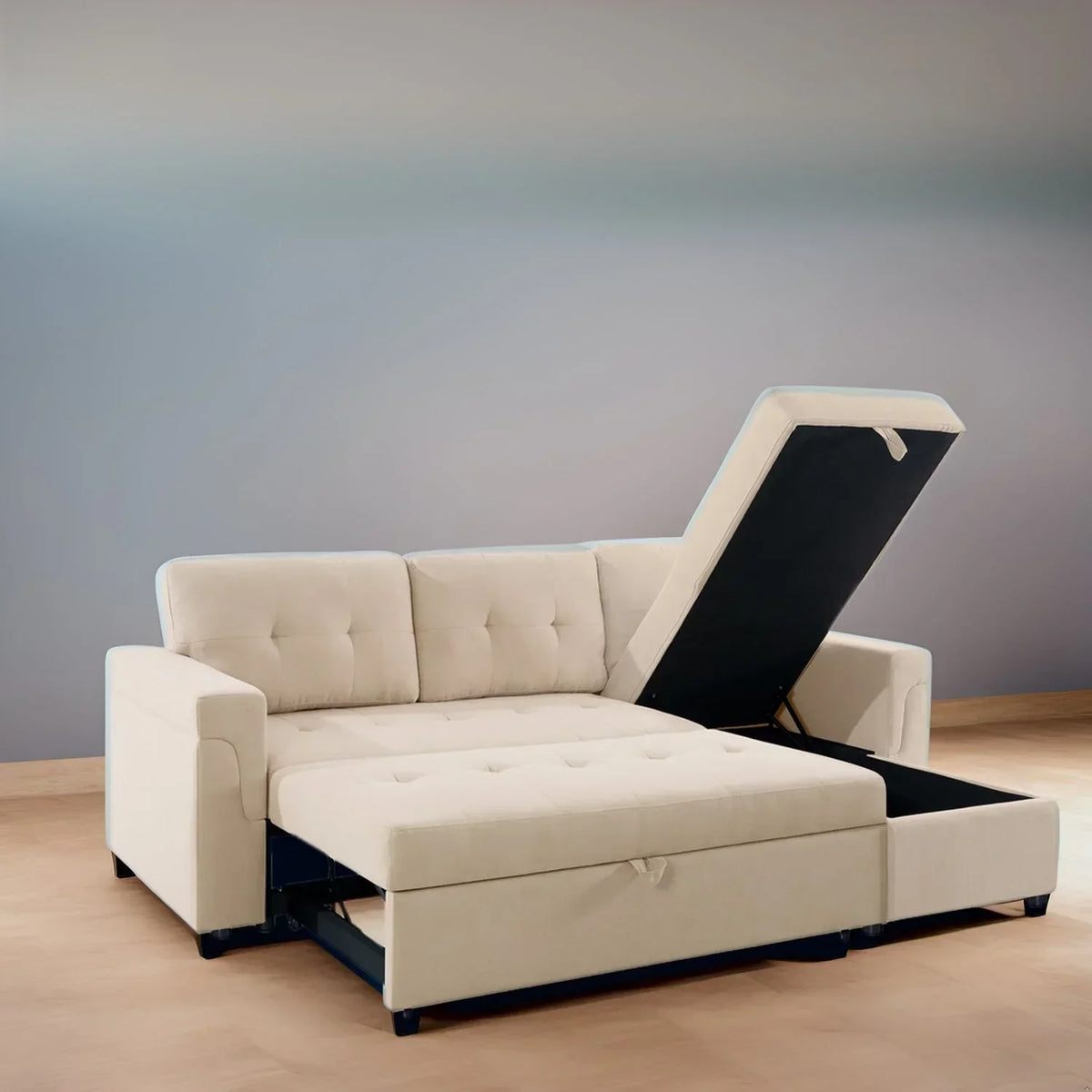 Divano componibile reversibile trasformabile con letto estraibile, chaise longue con contenitore nascosto e gambe resistenti