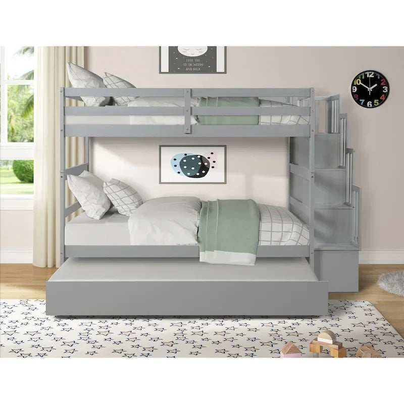 Letto a castello singolo su singolo con letto estraibile singolo e vano portaoggetti integrato nella scala, colore grigio