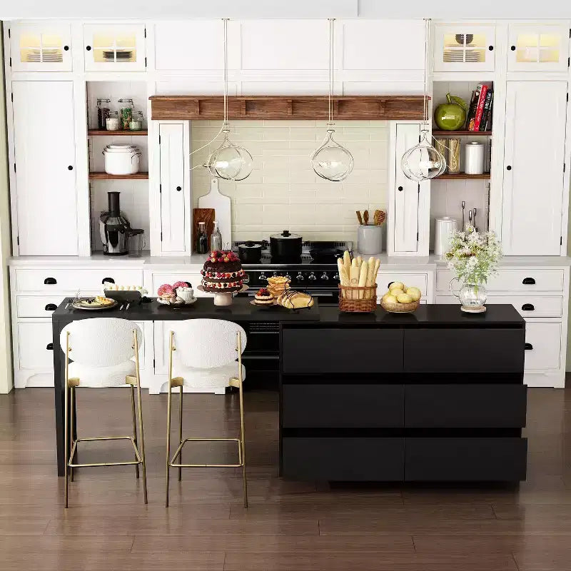 Smart Rotatable/Extendable Buffet Sideboard with 6 Drawers, Extended Countertop, Non-slip Mat, Rotating Dining Table, Kitchen Island Pantry