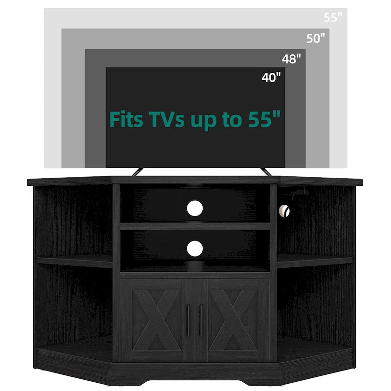 Meuble TV d’angle de style maison de campagne, centre de divertissement et console multimédia pour téléviseurs jusqu’à 55 po, avec prise électrique