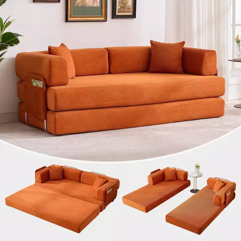 Divano letto, materasso pieghevole 5-in-1 da 78,8 pollici, divanetto, struttura fissa in acciaio, velluto a coste con cuscini