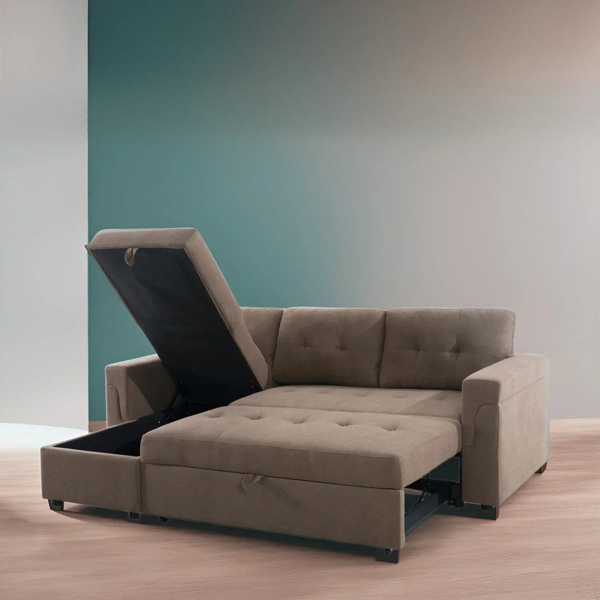 Divano componibile reversibile trasformabile con letto estraibile, chaise longue con contenitore nascosto e gambe resistenti
