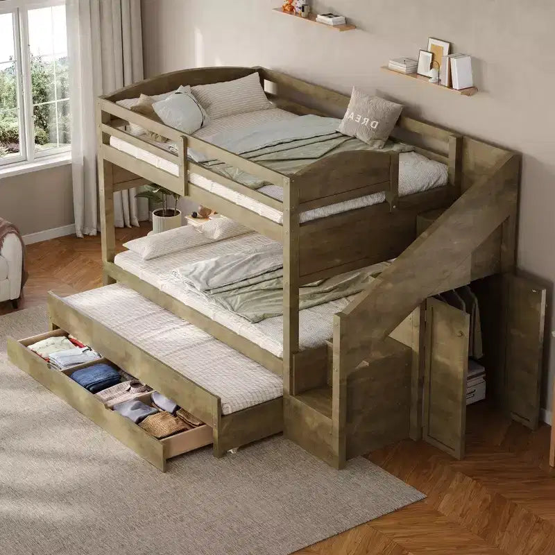 Whisen Twin XL Bunk Bed Frame with Trundle, Bunk Bed with Storage, Bunk Bed with Solid Wood, Storage Staircase, Wardrobe, 3Drawer, for Kids