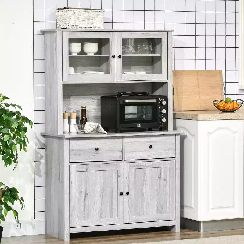 HOMCOM 63.5 Kitchen Buffet with Hutch, Pantry Storage Cabinet with 4 Shelves, Drawers, Framed Glass Doors, Open Microwave Countertop