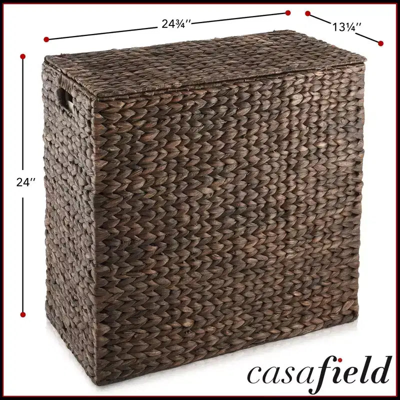 Casafield 2-Section Laundry Hamper with Lid and Removable Liner Bags, Woven Water Hyacinth Laundry Basket Sorter for Clothes
