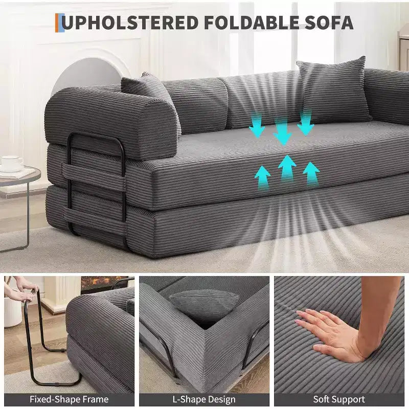2-in-1-Schlafsofa, bequemes klappbares Cordsofa mit tiefer Sitzfläche und breiten Armlehnen, rahmenloses Sofa für Wohnzimmer und Wohnungen