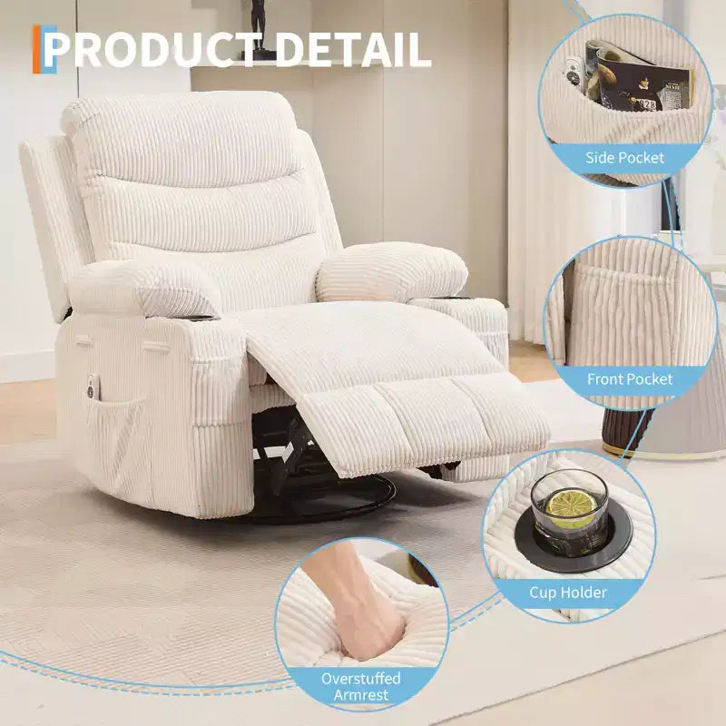 Draaibare relaxfauteuil met massage en warmte, 360°-schommelstoel met bekerhouders en zijvakken, ergonomische loungestoel voor woonkamer, camper en babykamer