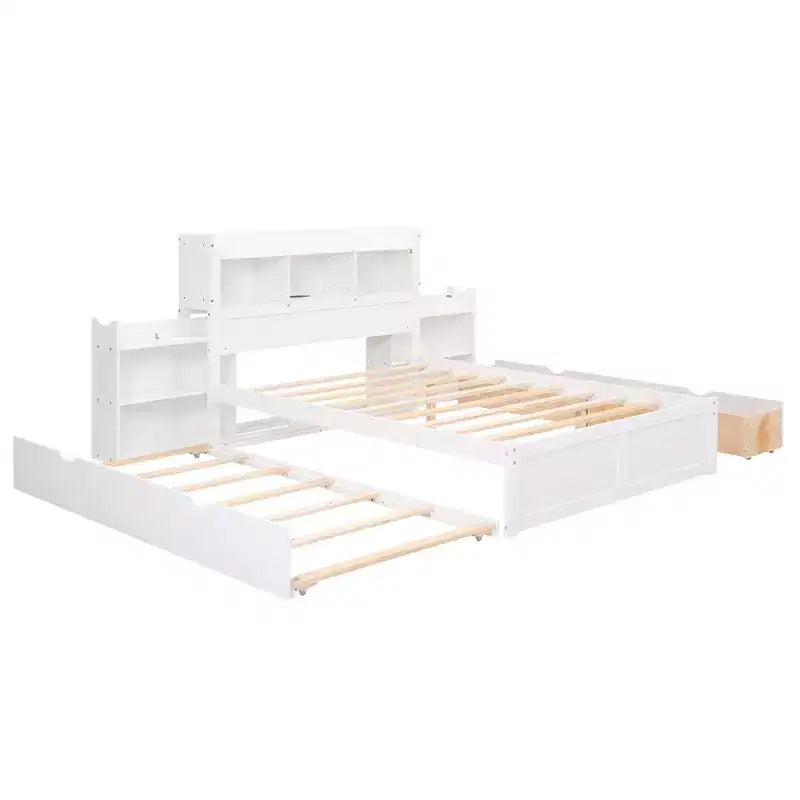 Eenpersoons platformbed met opbergruimte, uitschuifbed, boekenkasthoofdbord en oplaadstation, houten bedframe met planken en laden