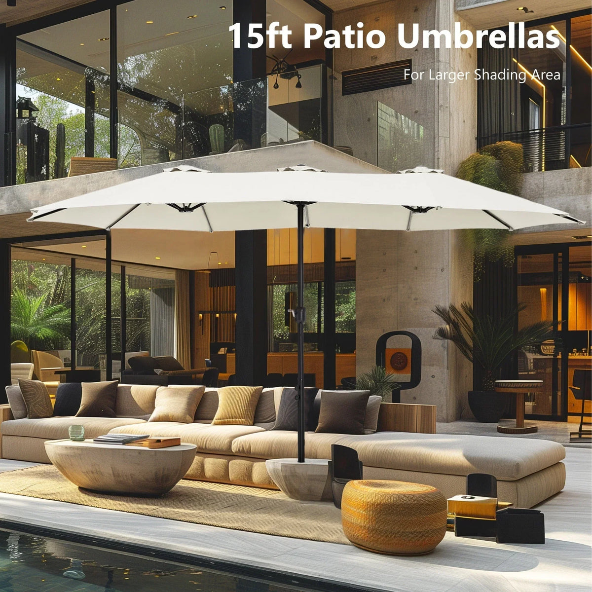 MAISON ARTS dubbele parasol voor terras, 15 ft, extra groot, tweepersoons, inclusief voet