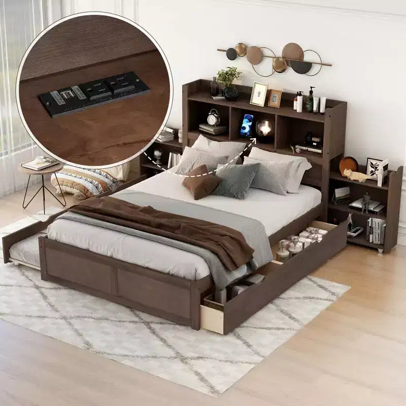 Eenpersoons platformbed met opbergruimte, uitschuifbed, boekenkasthoofdbord en oplaadstation, houten bedframe met planken en laden