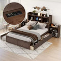 Eenpersoons platformbed met opbergruimte, uitschuifbed, boekenkasthoofdbord en oplaadstation, houten bedframe met planken en laden