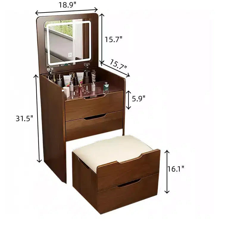 Okak 3-in-1-kaptafel met opklapbare spiegel, compacte kaptafel met zichtbaar glazen blad en gewatteerde kruk, kaptafelbureau voor de slaapkamer