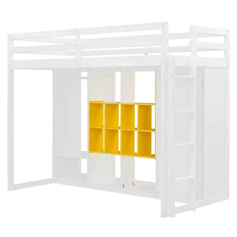 Letto a soppalco per bambini con armadio e mensole, struttura letto a soppalco in legno con mobile contenitore per bambini e ragazzi