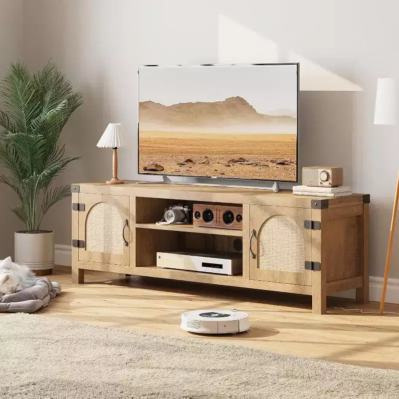 165 cm breiter TV-Schrank im Boho-Stil mit Flechttür – Unterhaltungsschrank aus Holz mit zwei Schränken und verstellbaren Einlegeböden, geeignet für Wohnzimmer