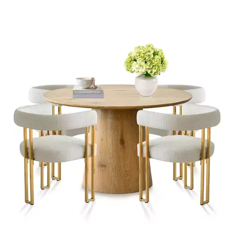 Set da pranzo con tavolo espandibile da rotondo a ovale e 4 poltroncine in velluto, design moderno con base centrale, posti fino a 8 persone - Panipeachy