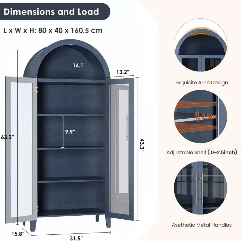 Mobiletto contenitore alto ad arco con ante in vetro, libreria espositiva a 5 ripiani con mensole regolabili per cucina o soggiorno