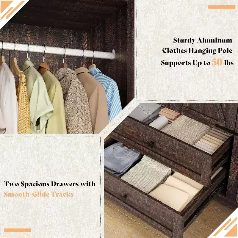 AMERLIFE 47 Farmhouse Wardrobe Armoire with 3 Doors, 2 Drawers, Hanging Rod & Adjustable Shelves, Freestanding Closet Organizer