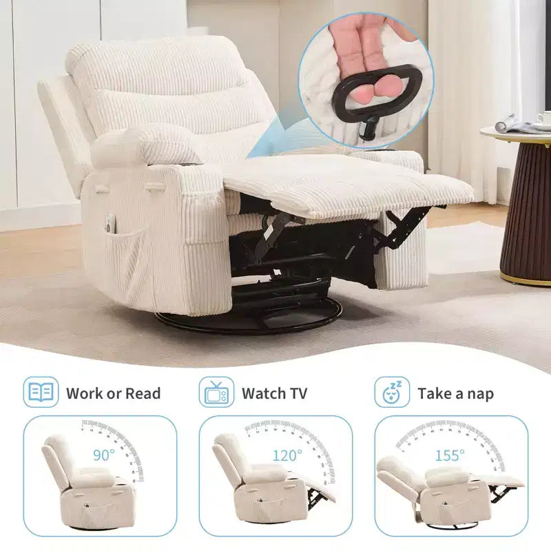 Draaibare relaxfauteuil met massage en warmte, 360°-schommelstoel met bekerhouders en zijvakken, ergonomische loungestoel voor woonkamer, camper en babykamer