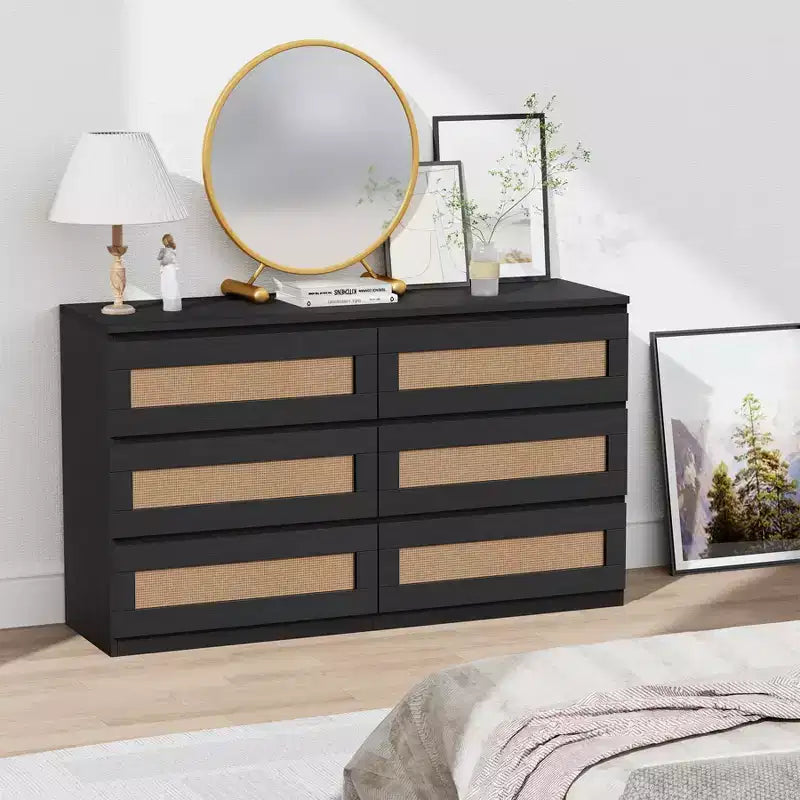 Rattan-Kommode fürs Schlafzimmer mit 6 Schubladen, 119 cm breite moderne Kommode im Landhausstil, Holzschrank mit Stauraum-Organizer für Kleiderschrank, Wohnzimmer und Flur