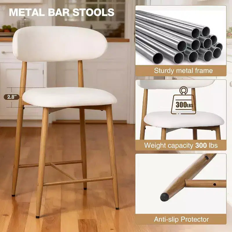 Barkruk op aanrechthoogte met beklede zitting en metalen poten, 26,3 inch, moderne keukenkruk