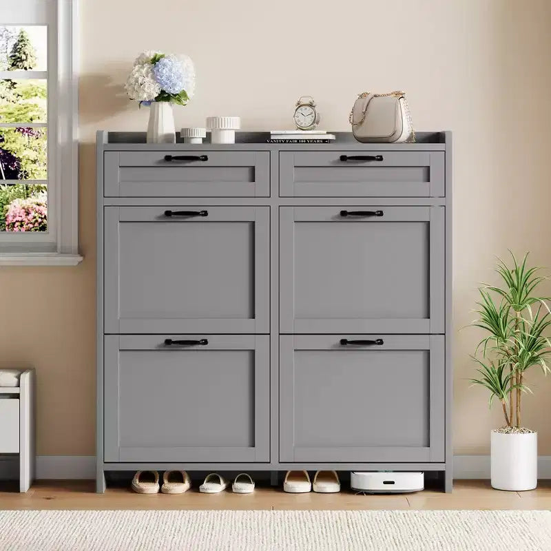 Shoe Cabinet with 4 Flip Drawers & 2 Top Drawers, Wooden Shoe Organizer Cabinet with Adjustable Shelf, Freestanding Shoe Storage Cabinets