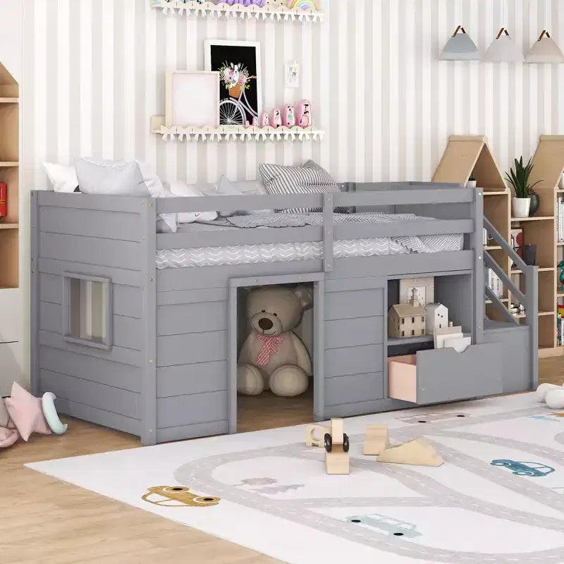 Okak Solid Wood Twin Loft Bed with Stairs & Storage,Low Profile Bunk Beds Twin with Drawers & Shelves,Multi-Functional Loft Beds for Kids,Teens