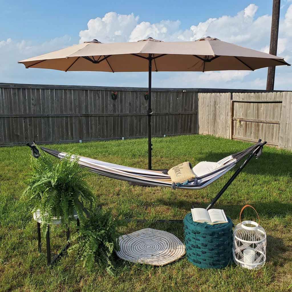 MAISON ARTS dubbele parasol voor terras, 15 ft, extra groot, tweepersoons, inclusief voet