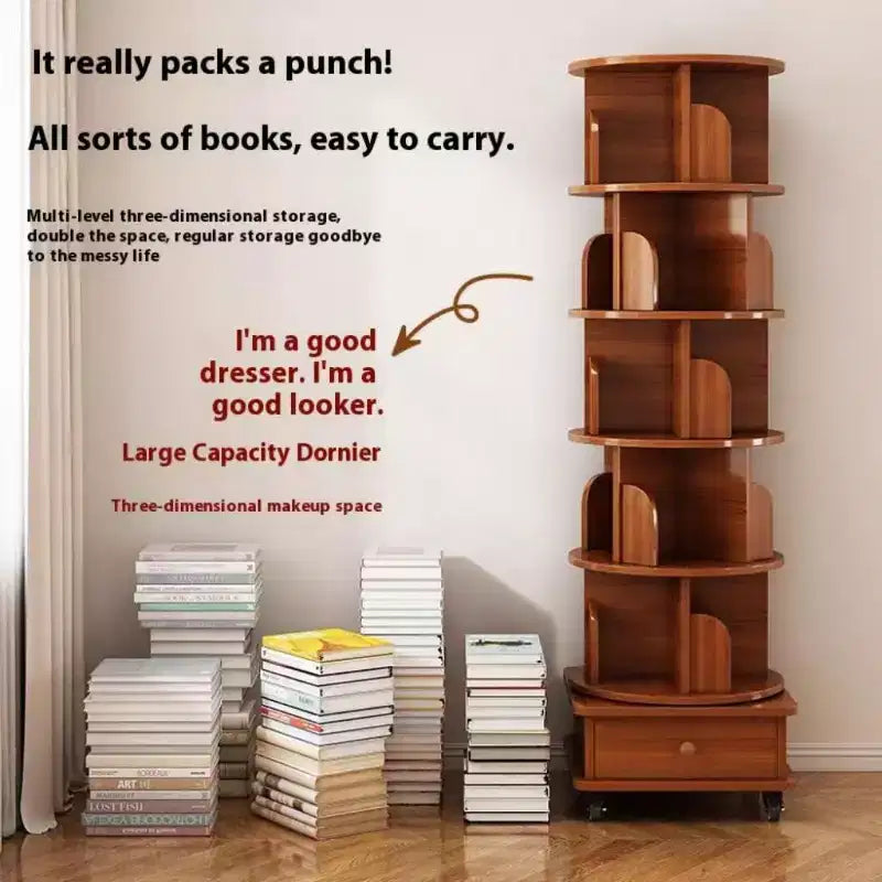 Libreria angolare Chic Crate a 6 ripiani con rotazione a 360° e ruote, libreria stretta per piccoli spazi, marrone noce