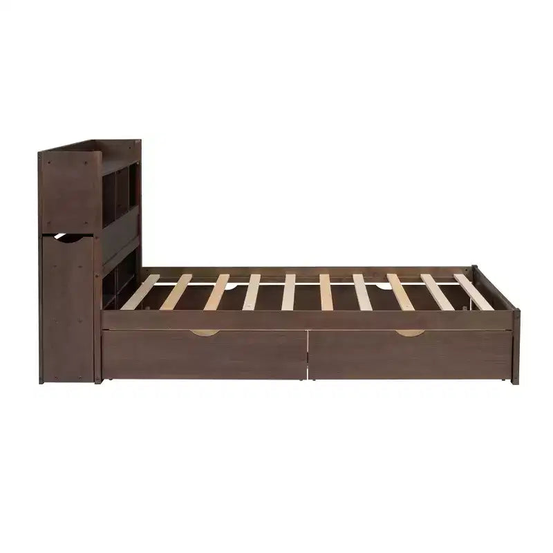 Eenpersoons platformbed met opbergruimte, uitschuifbed, boekenkasthoofdbord en oplaadstation, houten bedframe met planken en laden