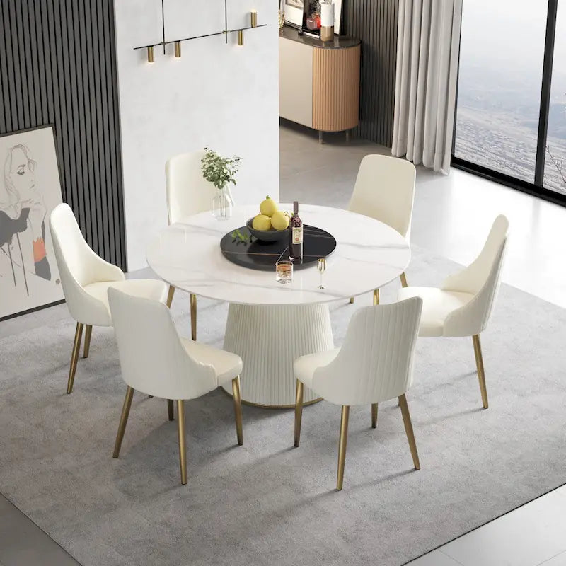 53 Round Dining Table for 6 with Sintered Stone Tabletop and Lazy Susan