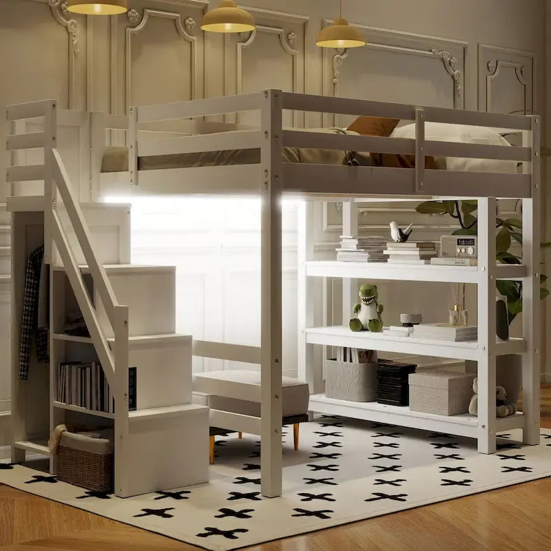 Hoch-/Etagenbett in Full-/Twin-Größe mit Stauraumtreppe – Regale, Kleiderschrank und LED-Beleuchtung, platzsparendes Design