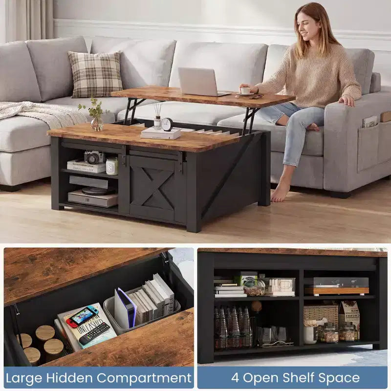 JIONJOY salontafel van 31,5 inch met opklapbaar blad en grote verborgen opbergruimte, verstelbare planken, vierkante landelijke salontafel voor de woonkamer en kleine ruimtes