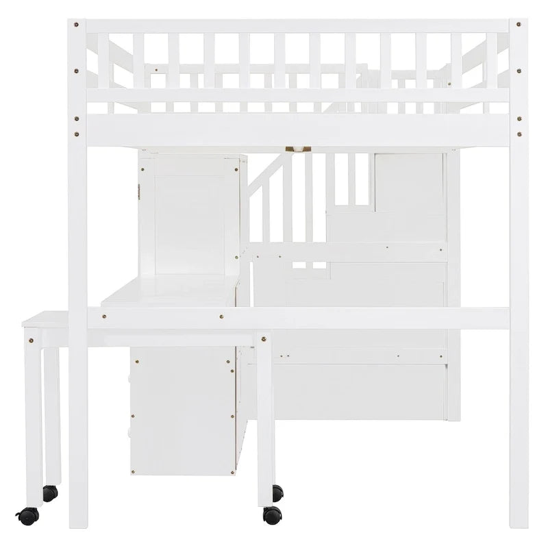 Hochbett in Full-Size mit Treppe, Bücherregal, Schreibtisch und Kleiderschrank – platzsparendes Multifunktionsmöbel für Kinder und Jugendliche – Weiß