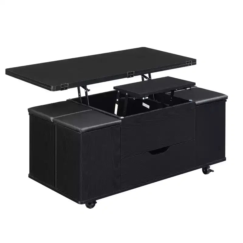 Table basse moderne multifonctionnelle relevable avec rangement dissimulé, 4 tabourets et roulettes, idéale pour les espaces de vie modernes