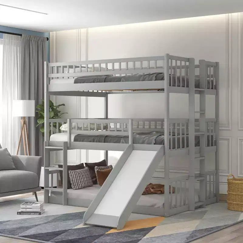 Stapelbed voor drie personen, full-over-full, met ombouwbare ladder en glijbaan, driepersoonsbed met valbeveiliging, wit/grijs/espresso - ModernLuxe