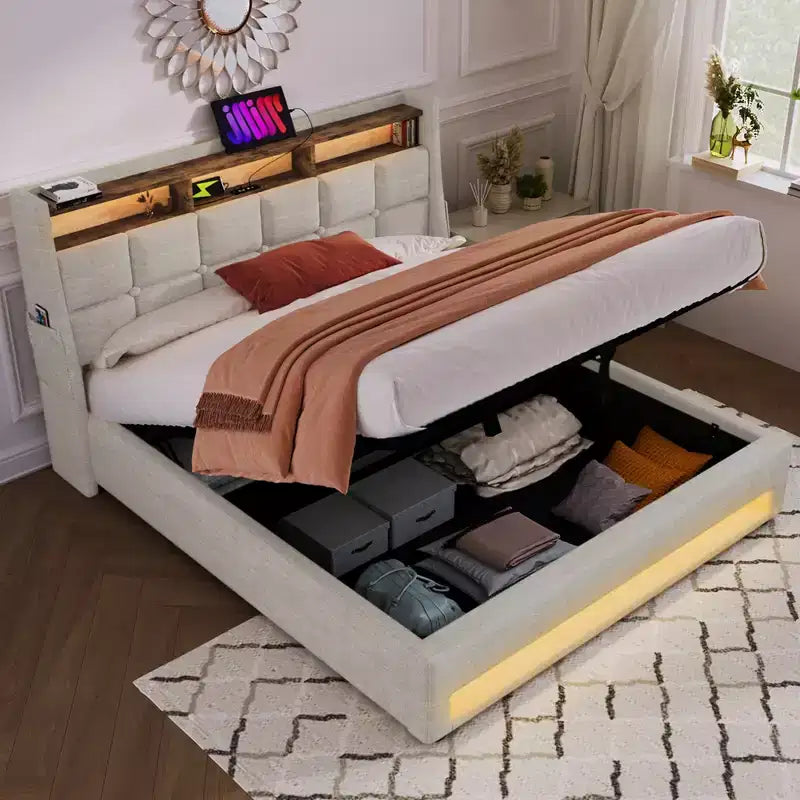 Lit deux places avec rangement hydraulique, LED et USB, tête de lit rembourrée, sans sommier tapissier, montage facile