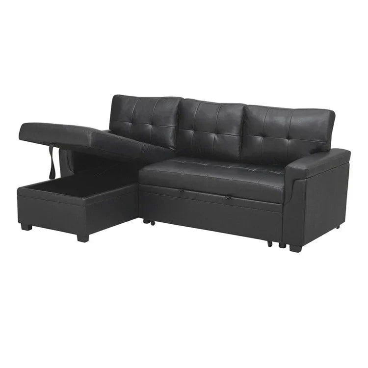 Divano componibile reversibile trasformabile con letto estraibile, chaise longue con contenitore nascosto e gambe resistenti