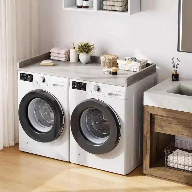 Aanrechtblad voor wasmachine en droger, wasruimteblad met opstaande rand en antislipmat voor opbergruimte voor wasmanden en organisatie van de wasruimte