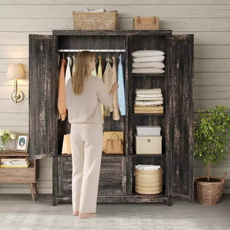 AMERLIFE 47 Farmhouse Wardrobe Armoire with 3 Doors, 2 Drawers, Hanging Rod & Adjustable Shelves, Freestanding Closet Organizer
