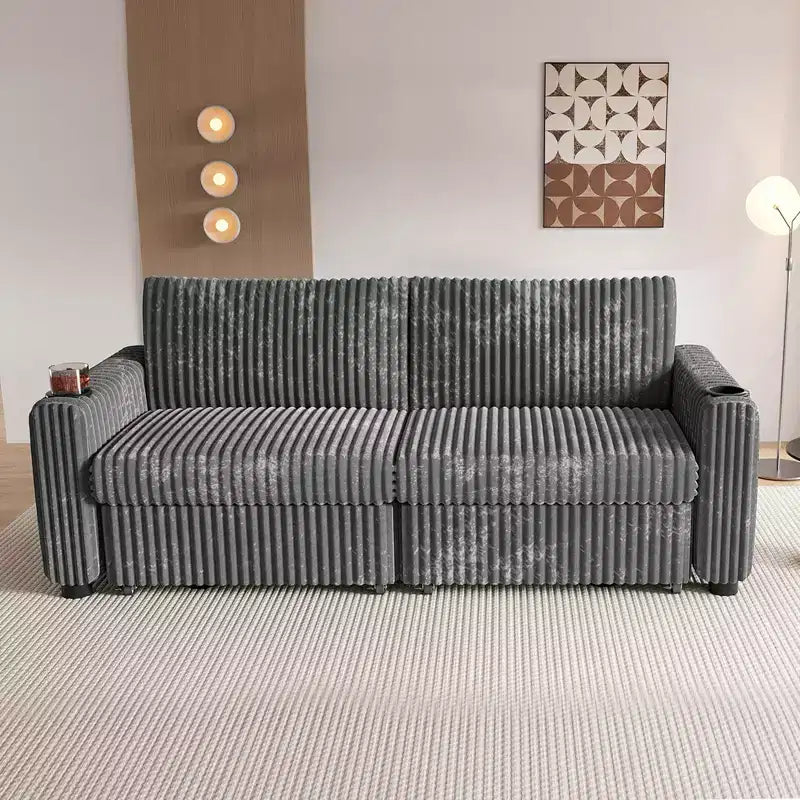 Dyonery 91-delige slaapbank met chaise longue en uitschuifbaar bed, verstelbare rugleuning/twee uitschuifbare bedden/USB-poorten/bekerhouders, zacht corduroy