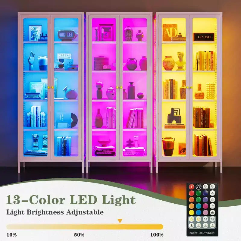 Bekrvio 67 inch hoge vitrinekast met glas aan 3 zijden en ledverlichting, 5 opberglagen met dubbele deuren en metalen frame voor verzamelobjecten, ideaal voor kleine ruimtes