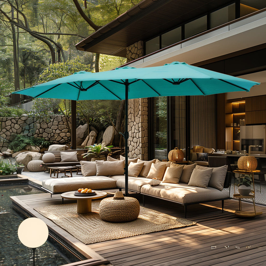 MAISON ARTS dubbele parasol voor terras, 15 ft, extra groot, tweepersoons, inclusief voet