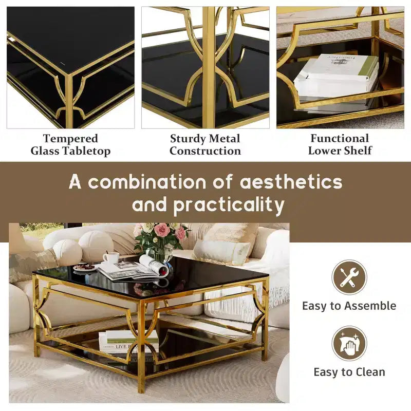 Merax Square Coffee Table with Black or Clear Glass Top and Two-Tier Display Shelf