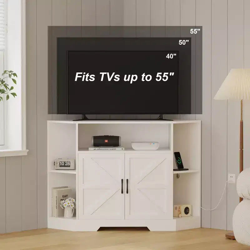 Mueble de TV de esquina para televisores de hasta 55 pulgadas, consola multimedia estilo granja con puerta de granero, estantes abiertos y gabinete de almacenamiento, blanco