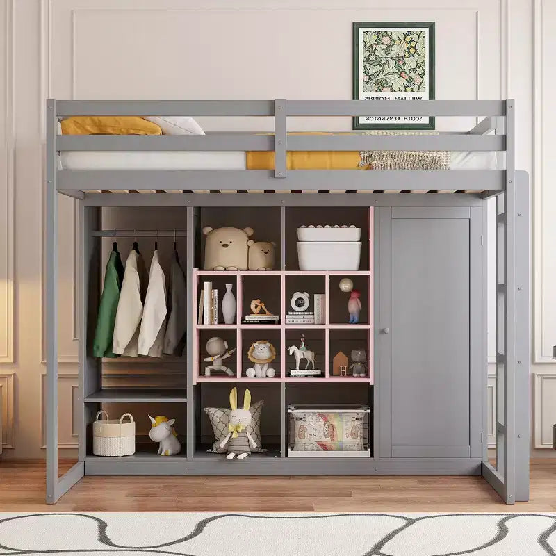 Letto a soppalco per bambini con armadio e mensole, struttura letto a soppalco in legno con mobile contenitore per bambini e ragazzi