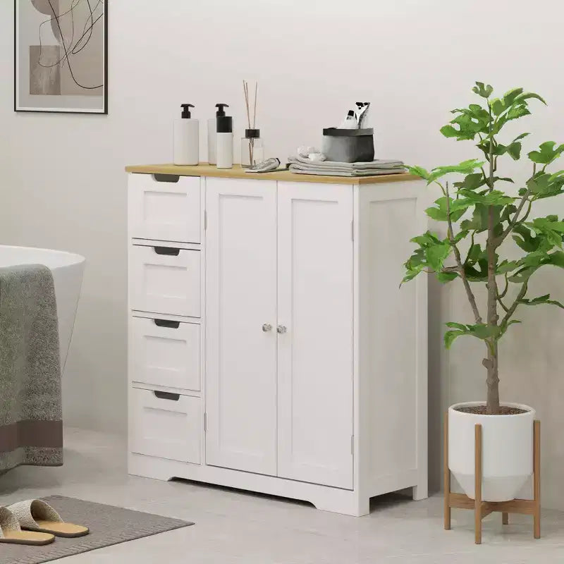 HOMCOM Badezimmer-Bodenschrank mit verstellbarem Einlegeboden, freistehender Badezimmerschrank mit 4 Schubladen und 2 Türen, weiß